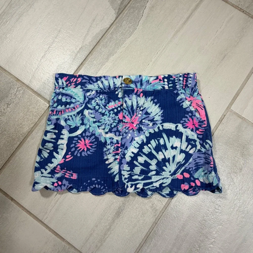 Lilly Pulitzer Girls Blue Pink Floral Corduroy Scalloped Skort Size 6 Kids